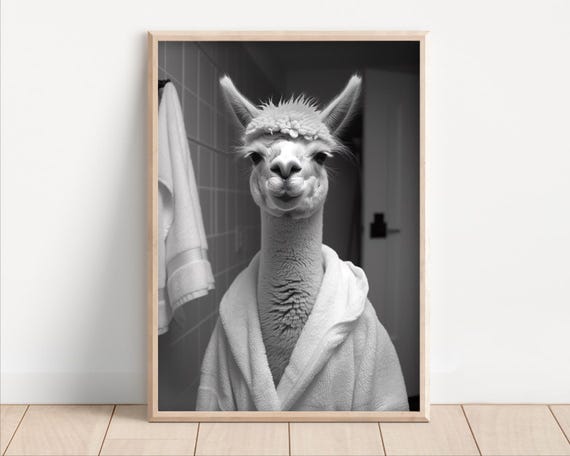 Alpaca Wearing A Bathrobe Poster Or Canvas Funny Bathroom Wall Art Cute Animals In Kids Laundry Room Decor Print