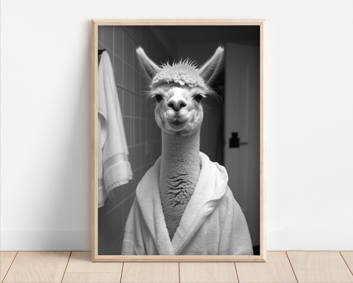 Alpaca in a Bathrobe Funny Bathroom Black and White Animal Wall Art
