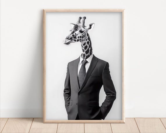 Giraffe Wearing A Business Suit Funny Office Wall Art Print Animal Home Decor Success Humor Cute Retro Photo