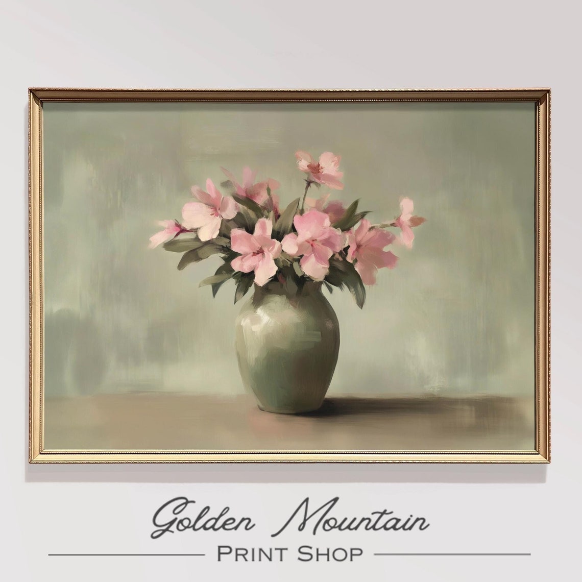 Pink Wildflowers in Green Vase Sage Still Life Painting Art Print