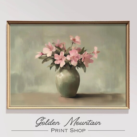 Pink Wildflowers in Green Vase Sage Still Life Painting Art Print