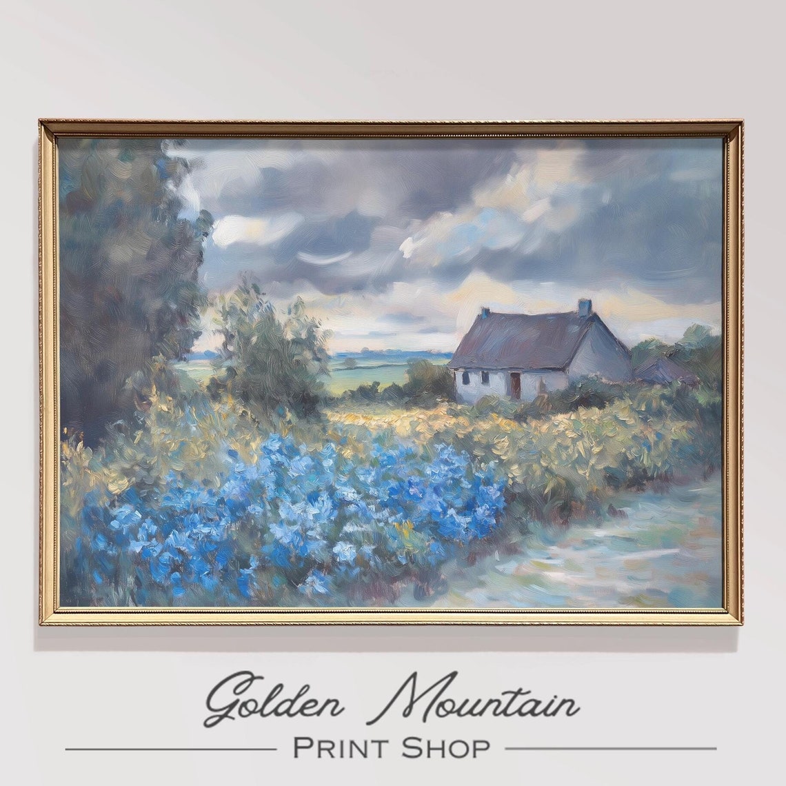 Stone Cottage Blue Wildflower Meadow Moody Coastal Oil Poster