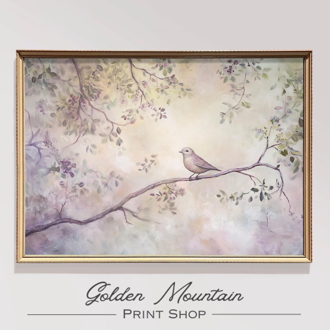 Gray Songbird On Thin Branch Lavender Blossom Background Soft Spring Poster