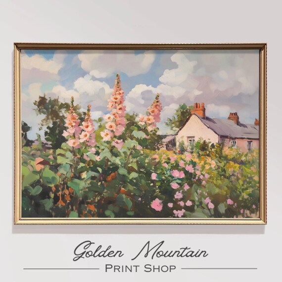Pink Hollyhock Flower Garden Cottage Sunny Vintage Oil Poster