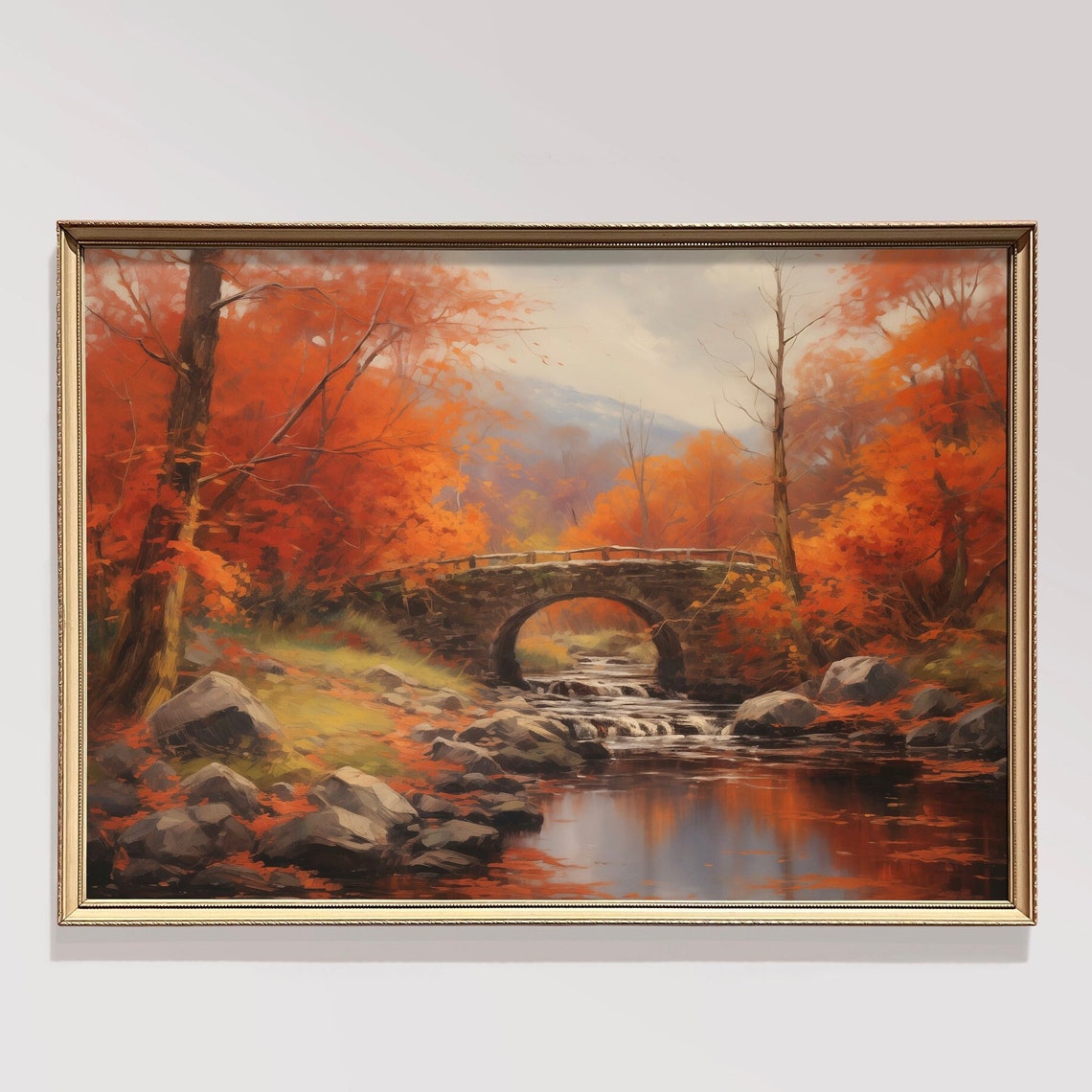 Fiery Autumn Trees Stone Bridge Stream Fall Landscape Poster