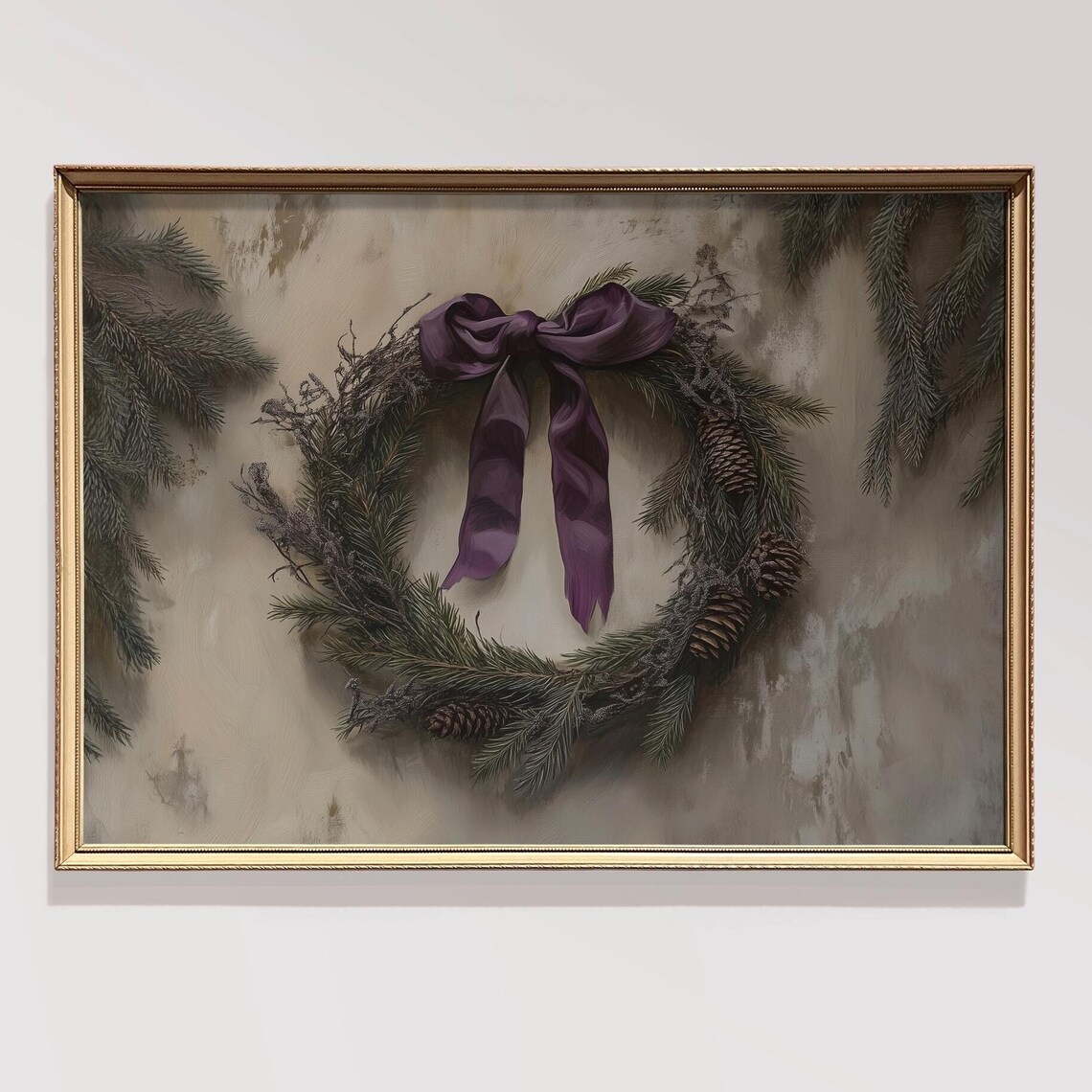 Rustic Christmas Wreath Purple Bow Pinecones Festive Holiday Poster