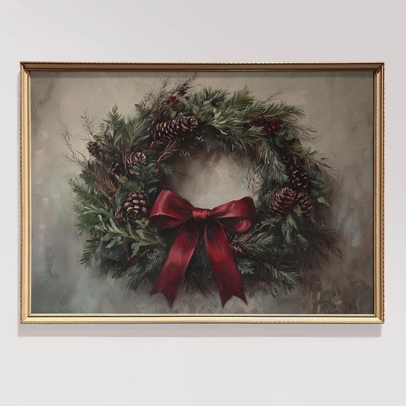 Christmas Vintage Moody Red Wreath Christmas Decor Wreath Christmas Wall Art Rustic Christmas Wall Art Realist Holiday Decor Winter Wreath