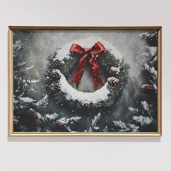 Christmas Moody Red Wreath Christmas Decor Vintage Christmas Wreath Wall Art Rustic Christmas Wall Art Pinecone Holiday Decor Winter Wreath