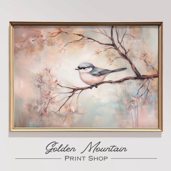 Blue Gray Songbird On Cherry Blossom Branch Peach Pastel Spring Poster Art