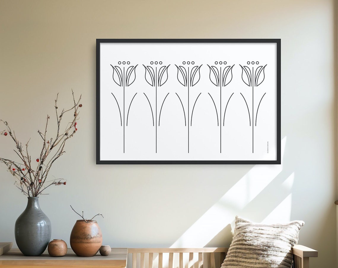 Five Tulips Black Line Art Minimalist Botanical Drawing Poster