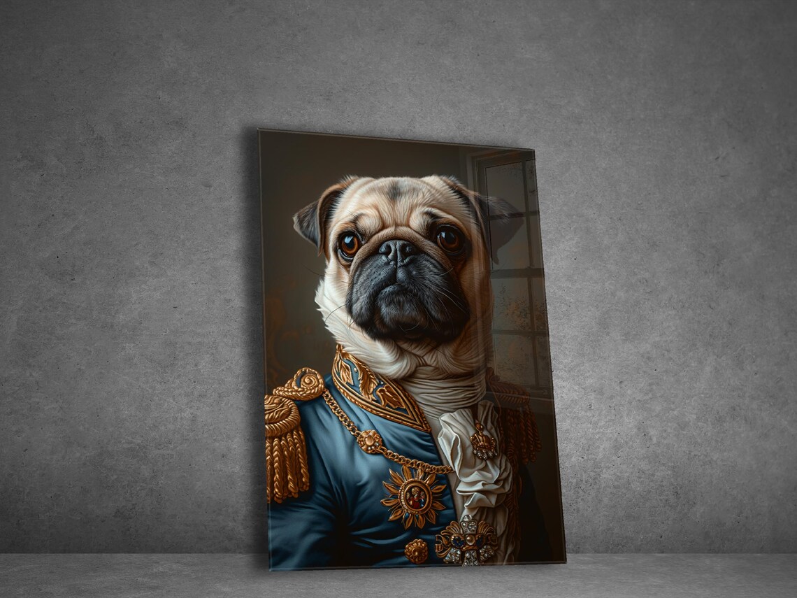 Pug Dog in Blue Military Uniform with Medals Royal Portrait Poster