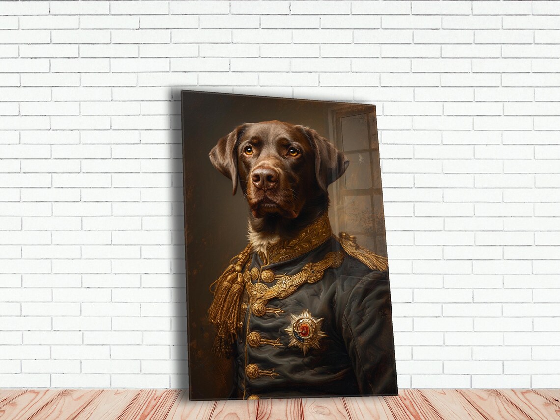 Chocolate Labrador in Military Uniform With Gold Epaulettes Poster