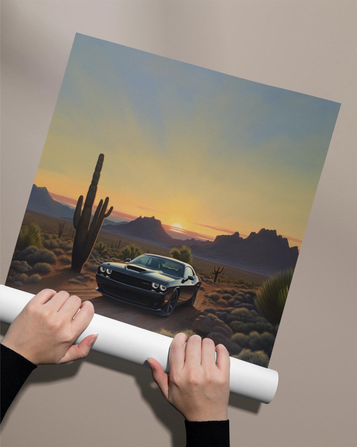 Gunmetal Dodge Challenger Desert Sunset Poster Print Wall Art - Image 2