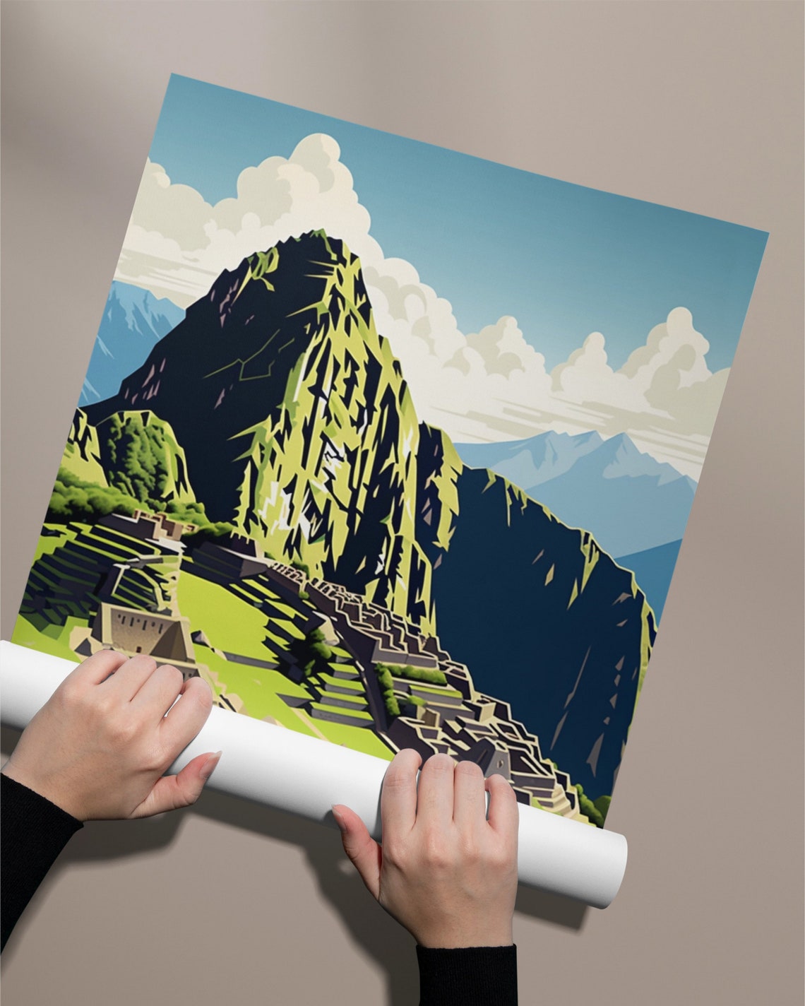 Machu Picchu Inca Ruins Gouache Style Andean Mountains Art Poster - Image 2