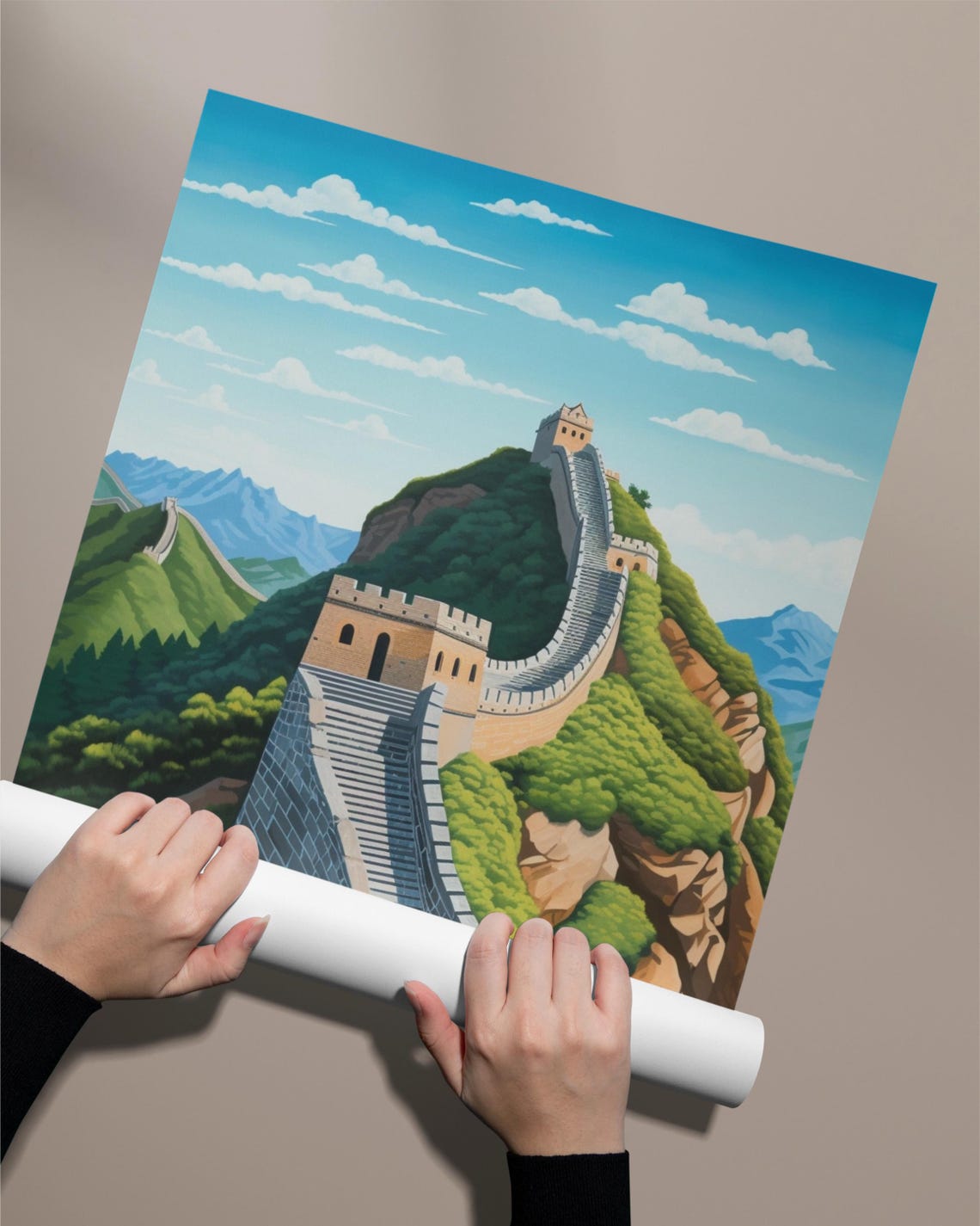 Great Wall Of China Mountain Ridge Green Valleys Gouache Poster - Image 2