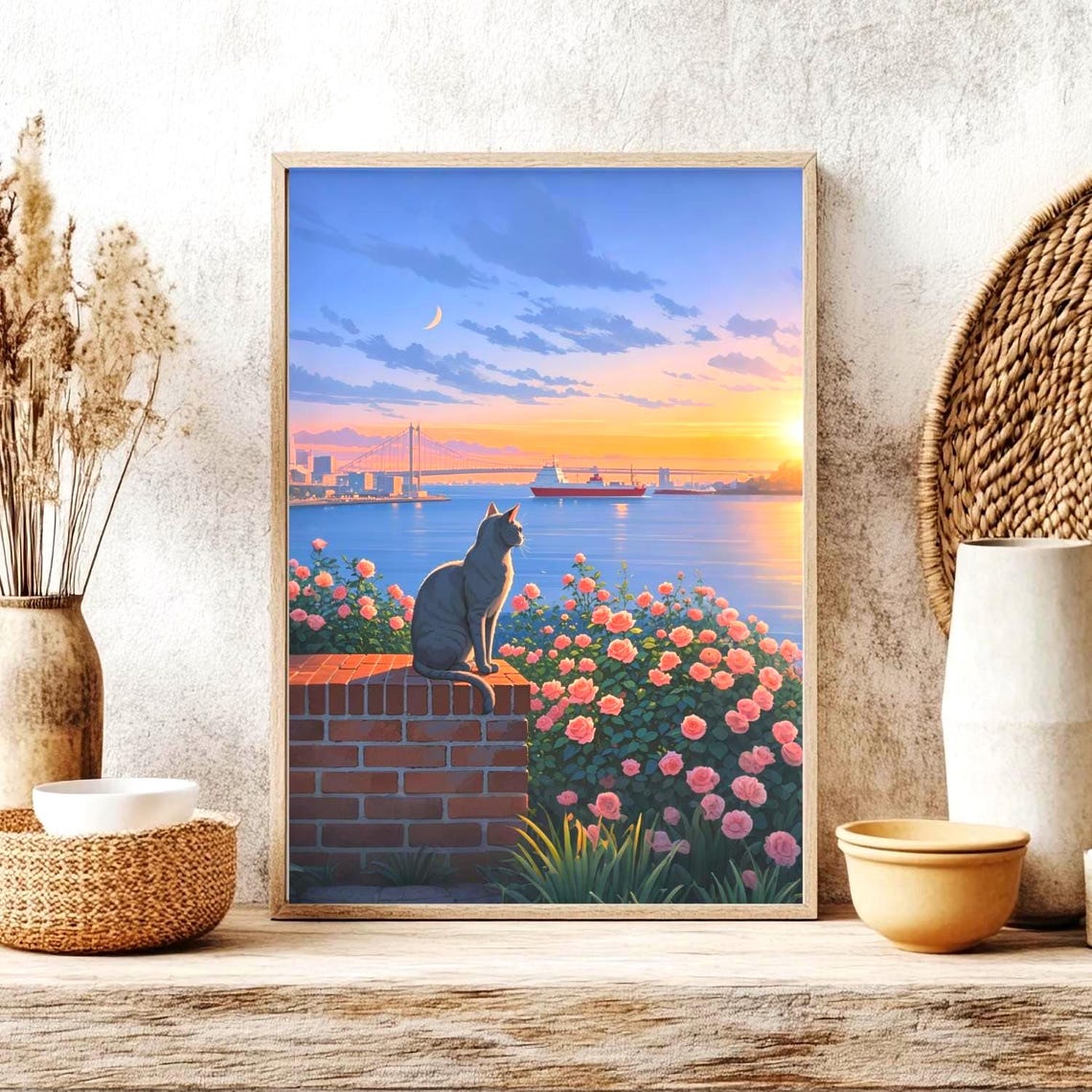 Gray Cat on a Brick Wall Overlooking a Sunset Harbor with Roses Poster