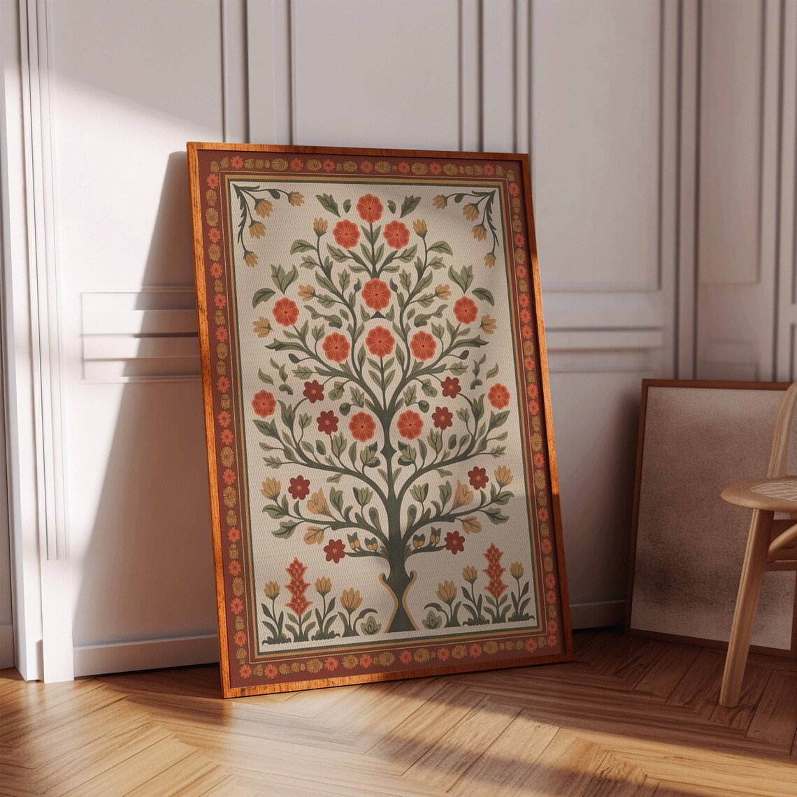 Burnt Orange Indian Tree of Life Flowering Bloom Poster Birds Vintage