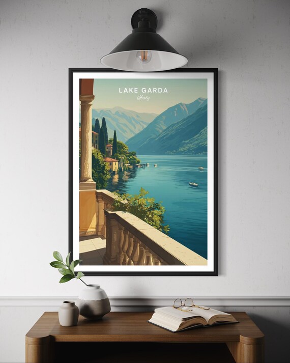 Lake Garda Italy Travel Poster, Italian Mountain Illustration