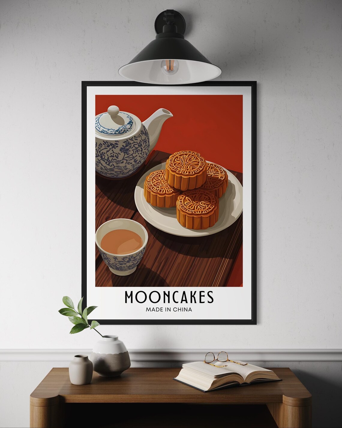 Mooncakes Chinese Mid Autumn Festival Dessert Tea Red Background Food Art Print