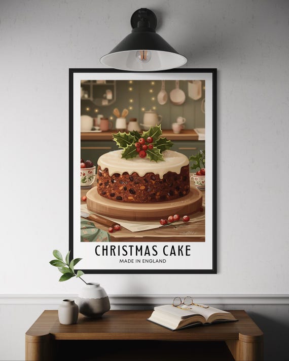 Christmas Cake Poster Holiday Fruitcake Wall Art Festive Dessert Print British Food Artwork Seasonal Kitchen Decor