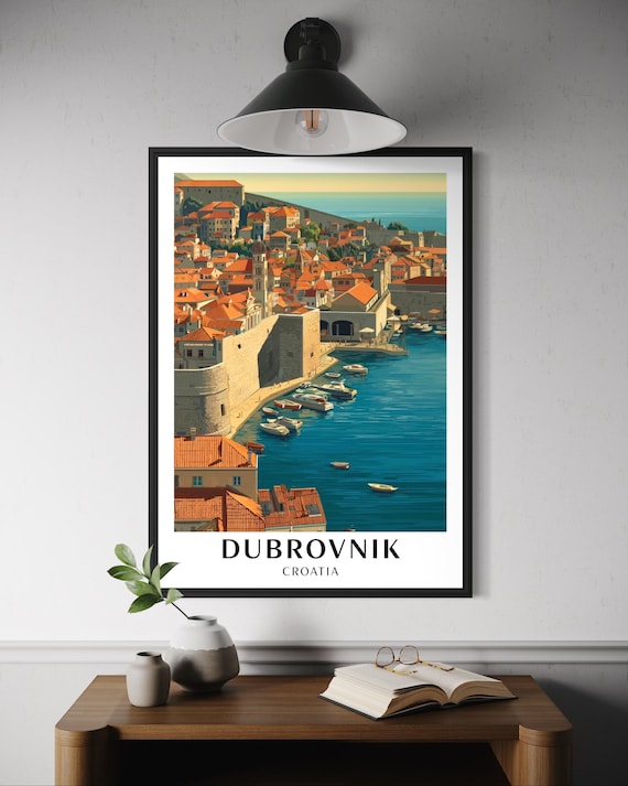 Dubrovnik Croatia Old Town Harbor Red Roofs Vintage Travel Poster