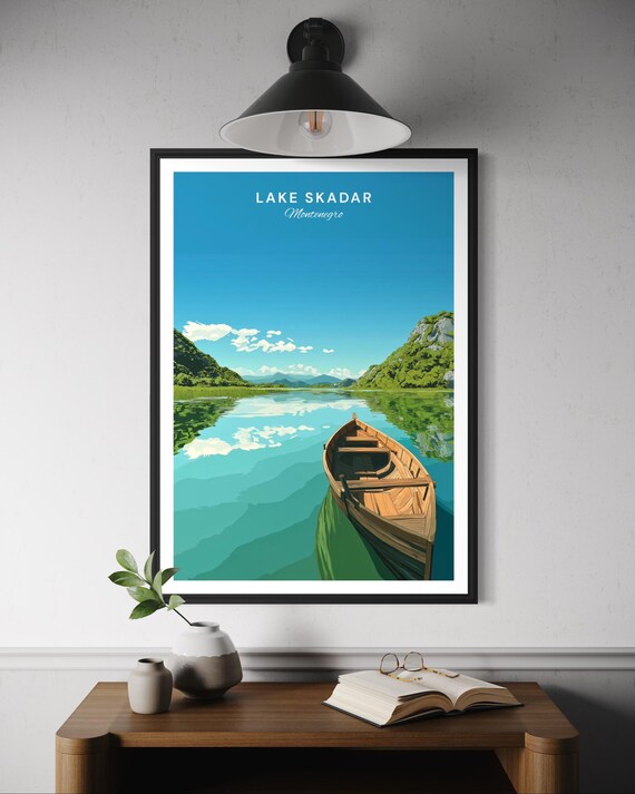 Lake Skadar Montenegro Wooden Boat Travel Poster Calm Reflective Lake