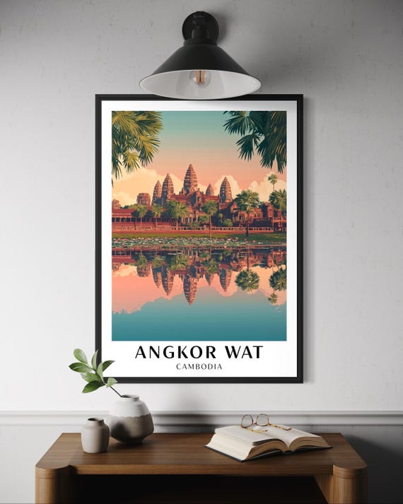 Angkor Wat Travel Poster, Cambodia Temple Illustration