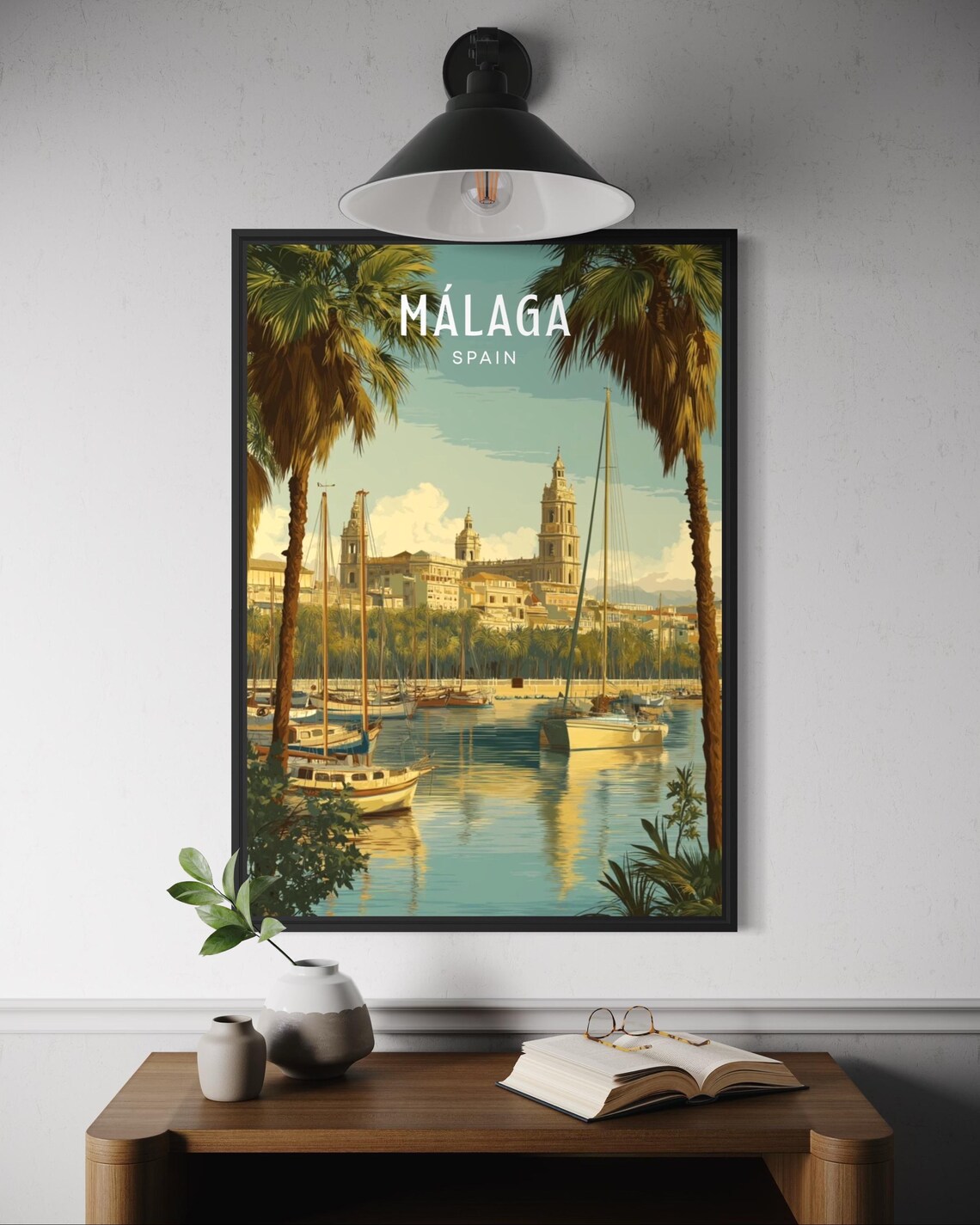 Malaga Spain Harbor Vintage Travel Poster With Sailboats Palm Trees