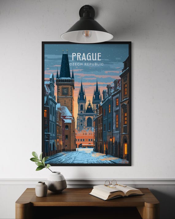 Prague Winter City Poster Czech Skyline Wall Art Snowy Old Town Print European Travel Gift Republic Decor Christmas