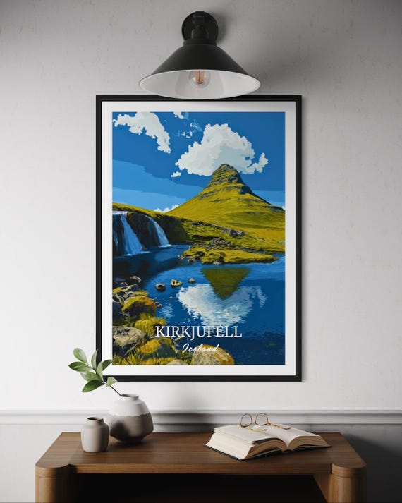 Kirkjufell Iceland Poster Bold Vector Mountain Art Snaefellsnes Travel Print Minimalist Nordic Wall Decor Nature Scenic