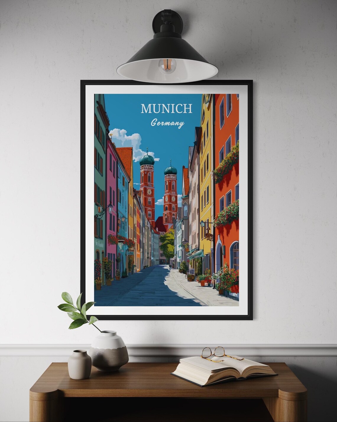 Munich Germany Old Town Street Twin Domes Church Travel Poster