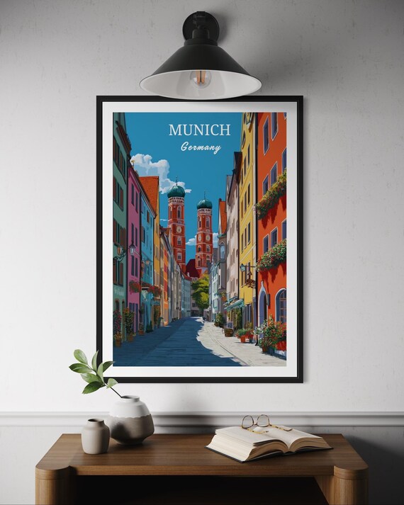 Munich Germany Old Town Street Twin Domes Church Travel Poster