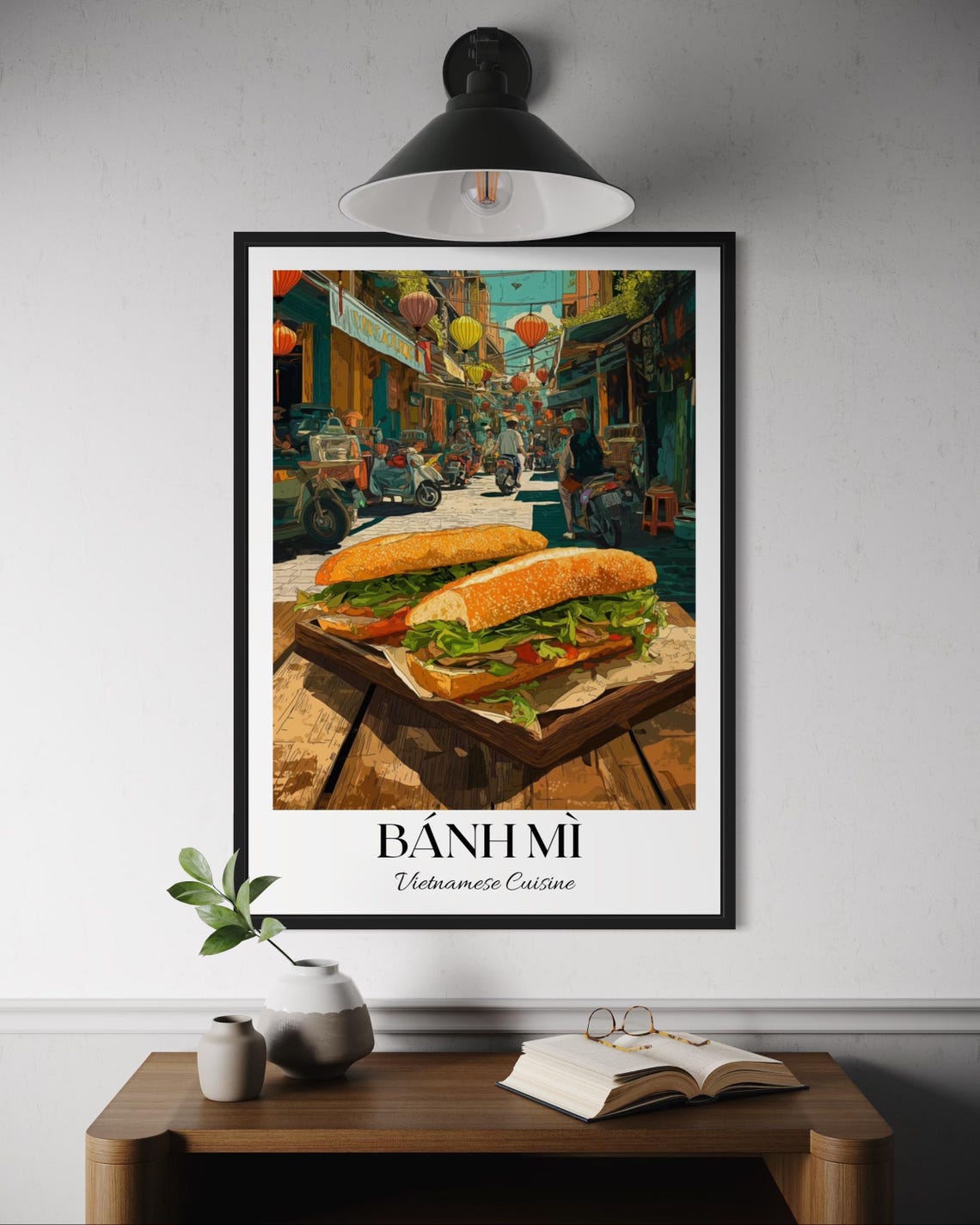 Banh Mi Vietnamese Cuisine Poster with Lantern Street Scene Art