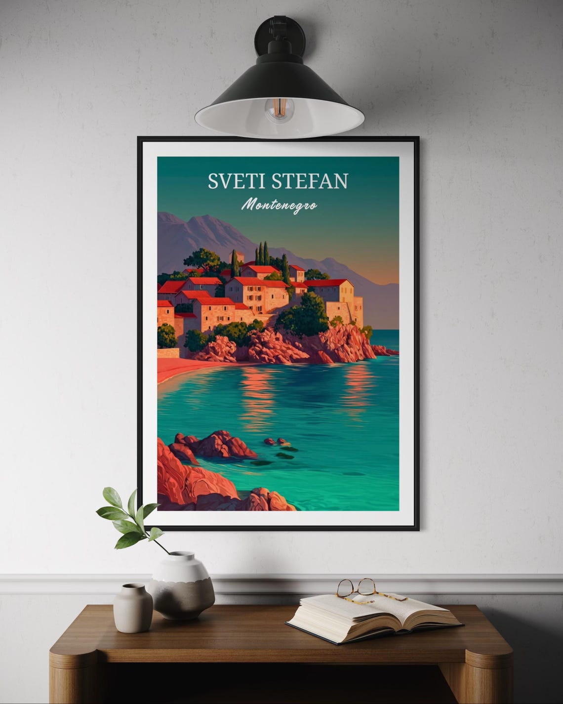 Sveti Stefan Montenegro Island Village Sunset over Sea Poster