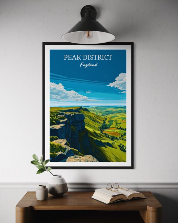 Peak District Poster Scenic Hiking Landscape Wall Art Uk Countryside Decor Nature Print Adventure Travel Illustration Artwork