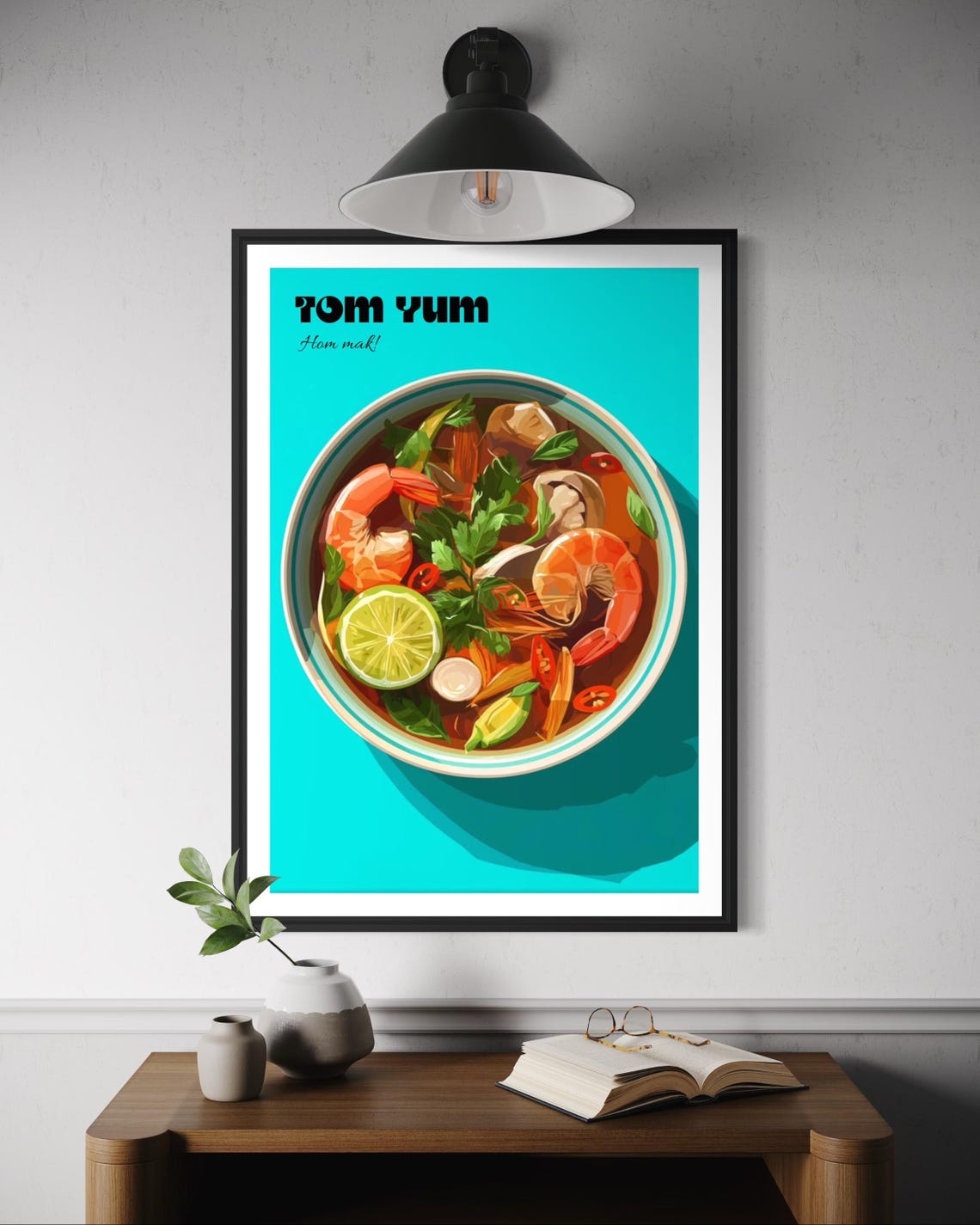Tom Yum Shrimp Soup Bowl on Bold Turquoise Kitchen Art Poster