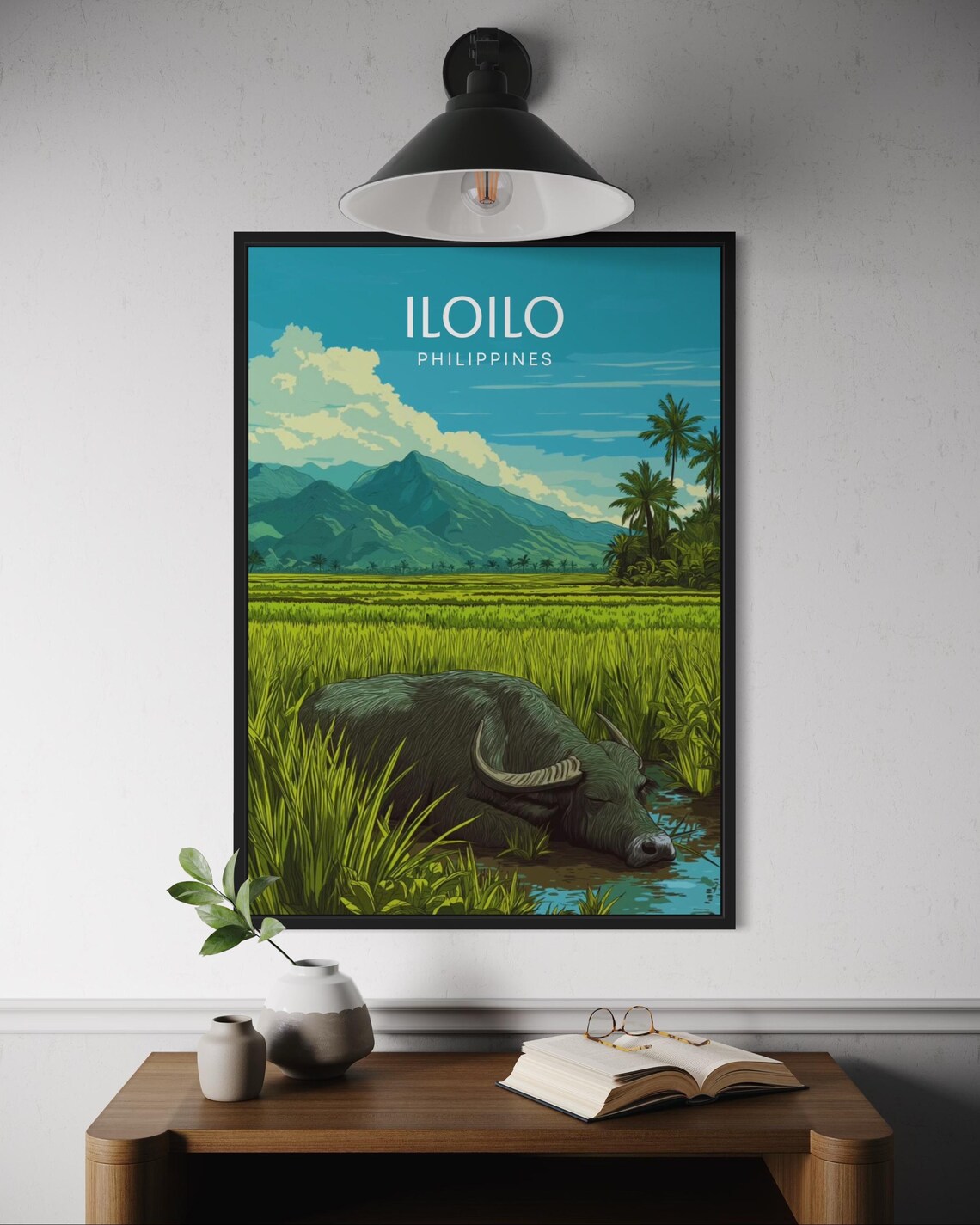 Iloilo Philippines Carabao Resting Rice Field Green Poster Art
