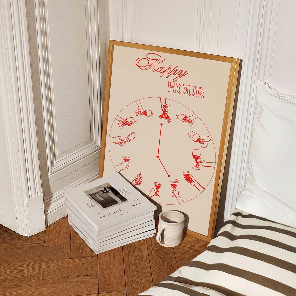 Happy Hour Cocktail Clock Red Line Art Bar Cart Kitchen Poster - Image 5