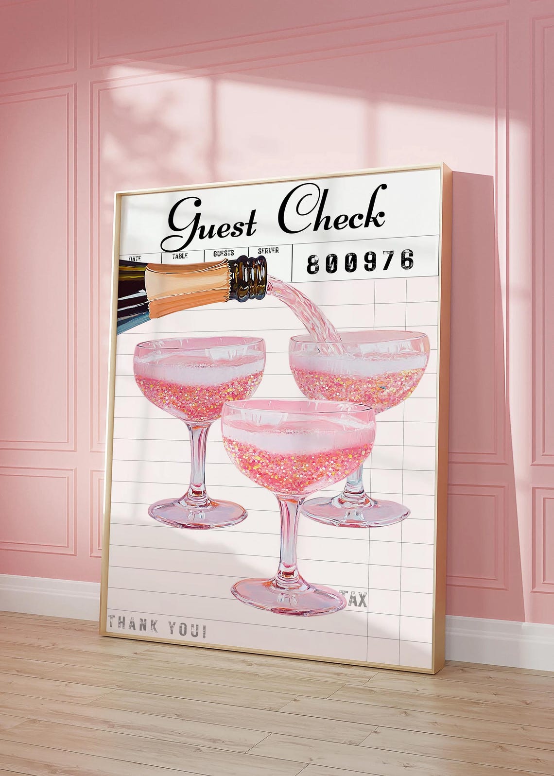 Pink Sparkling Glitter Champagne Coupes Guest Check Bar Cart Wall Art - Image 2