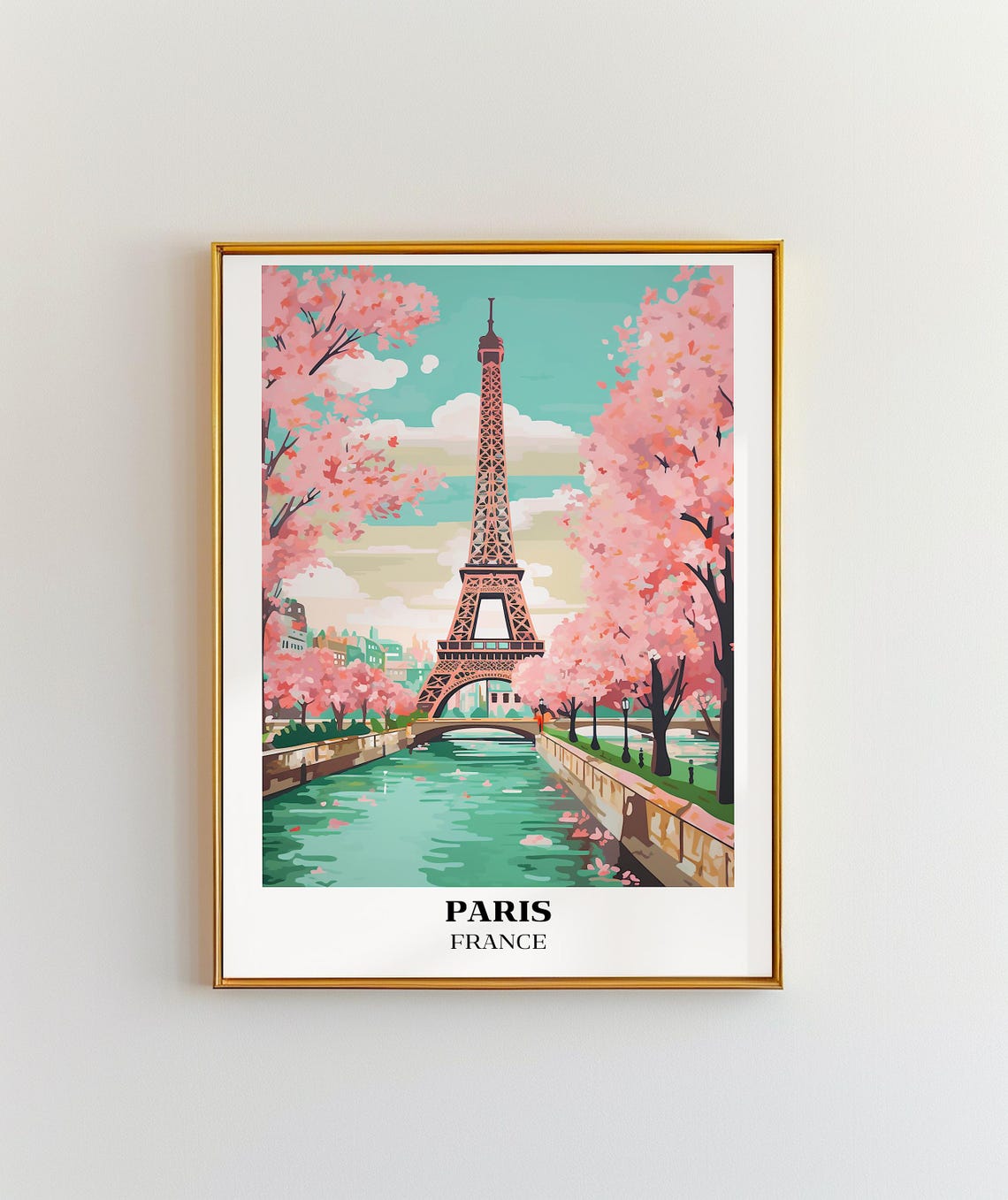Paris France Eiffel Tower Pink Blossom Canal Spring Scene Poster - Image 3