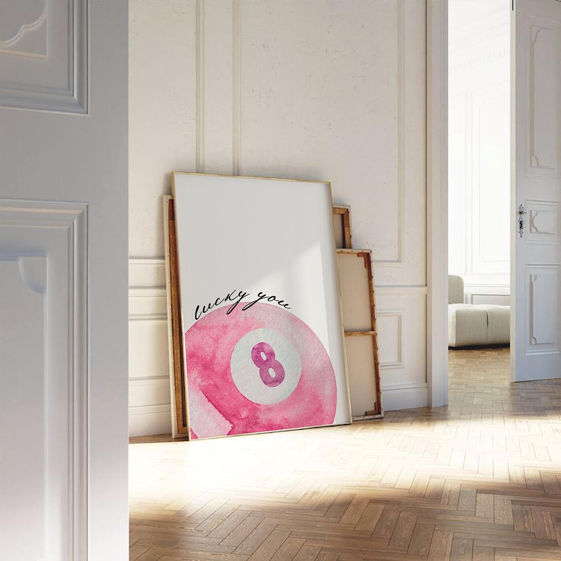 Lucky You Pink Watercolor Eight Ball Dorm Room Trendy Wall Art - Image 2