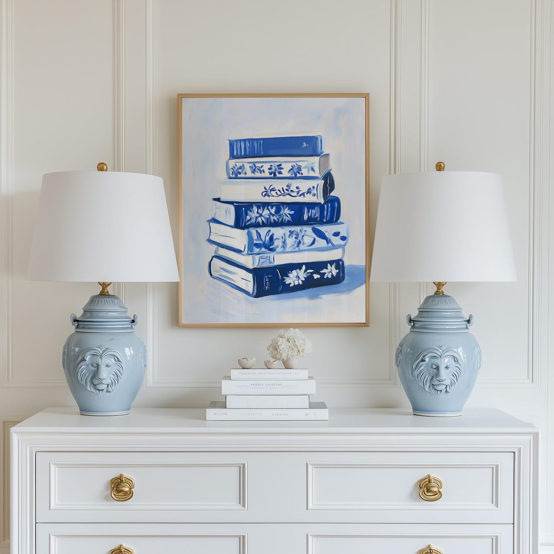 Stack of Blue Books with Floral Spines Reading Nook Wall Art - Image 3