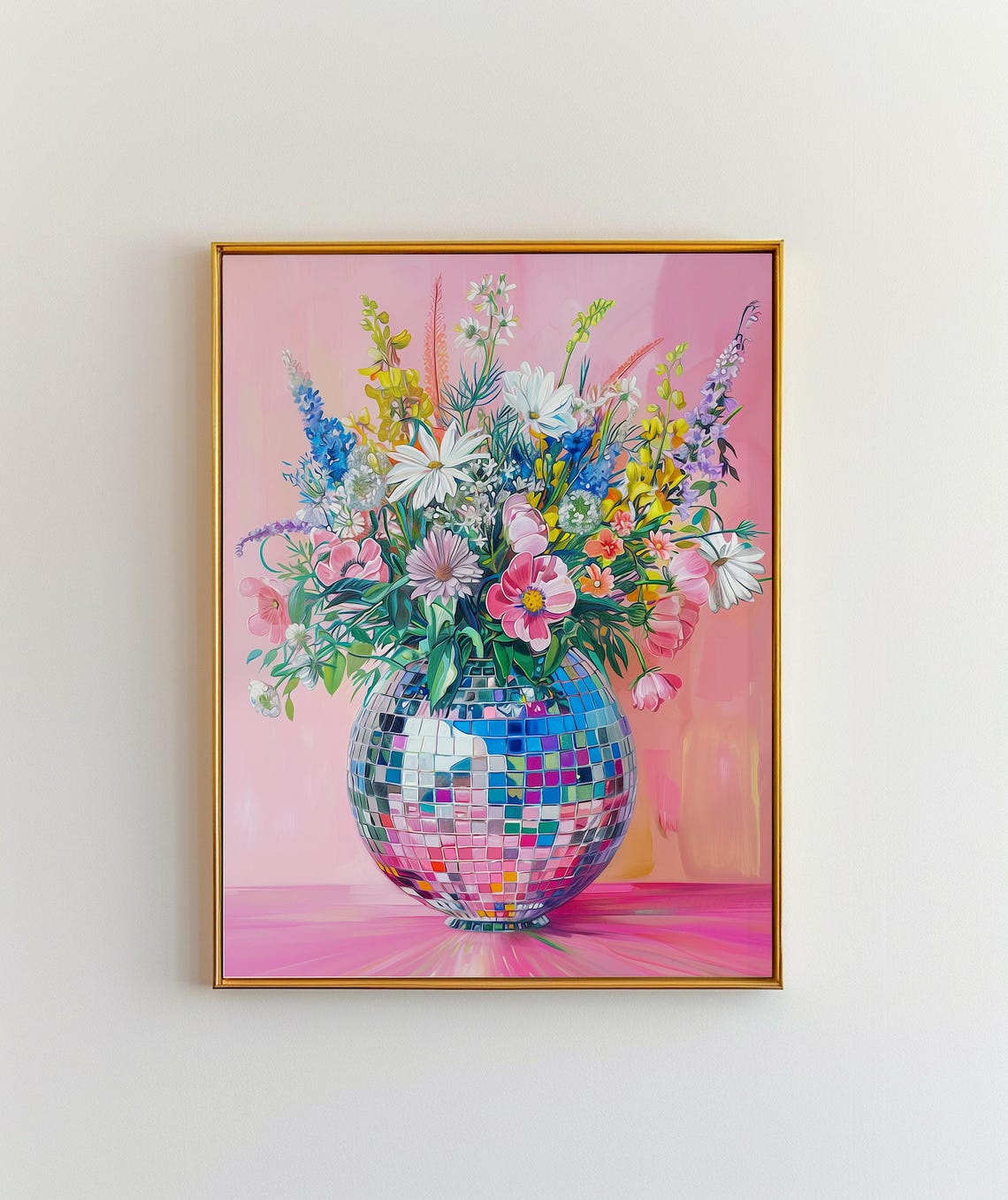 Disco Ball Vase Wildflowers Maximalist Pink Floral Art Poster