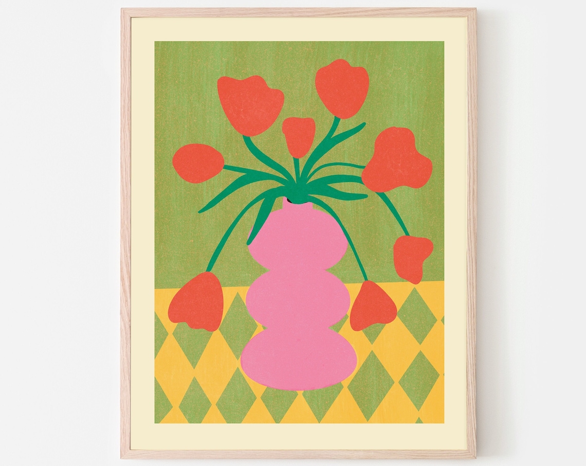 Pastel Tulips Vase Painting Poster, Minimalist Floral