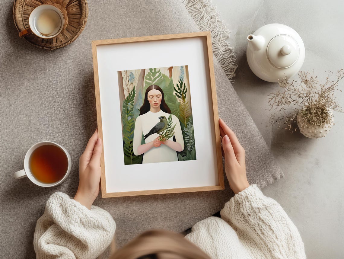 Woman Holding Bird Botanical Forest Fine Art Portrait Poster - Image 3