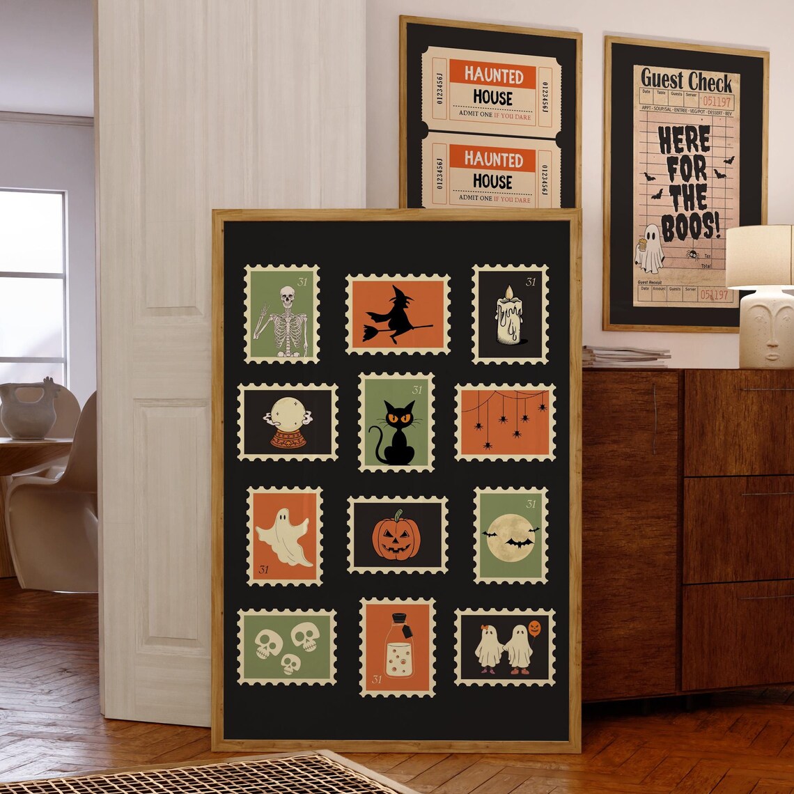 Halloween Vintage Stamps, Retro Boho Decor
