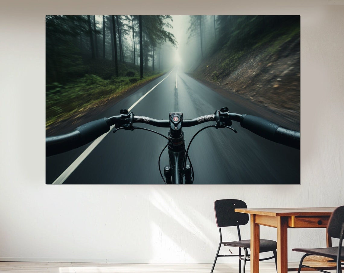 POV Bicycle Ride Misty Forest Road Triptych Cycling Wall Art Poster - Image 4