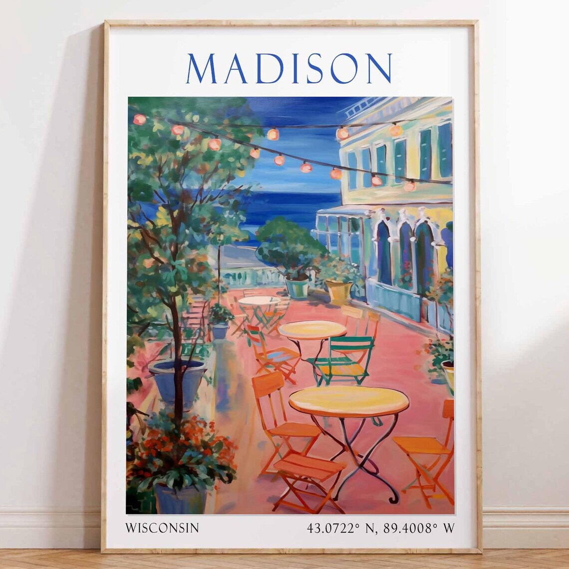 Madison Wisconsin Lake Terrace Cafe String Lights Dusk Travel Poster