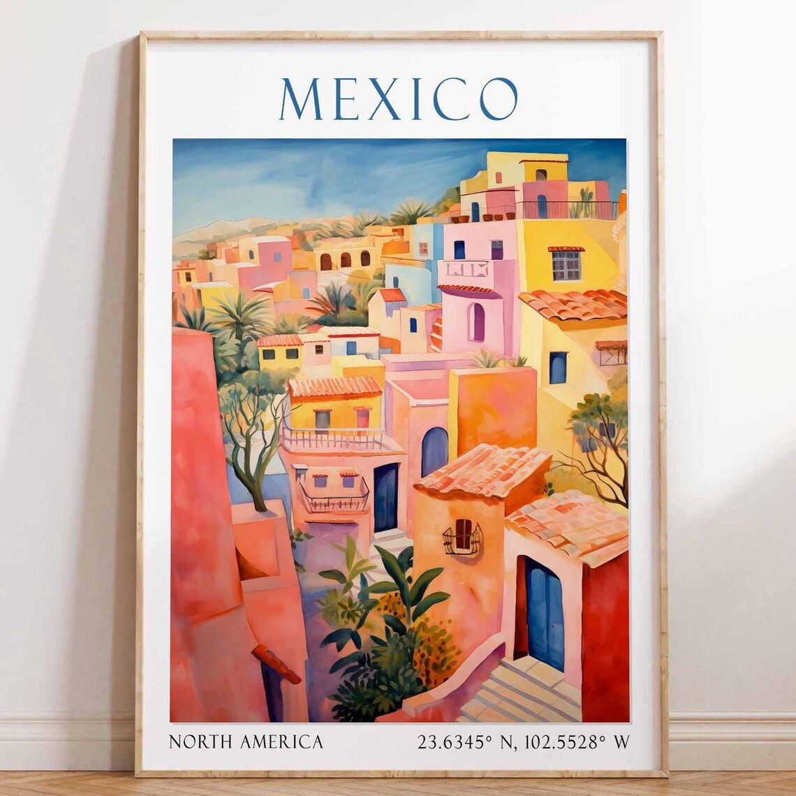 Mexico Colorful Colonial Hillside Village Watercolor Travel Poster