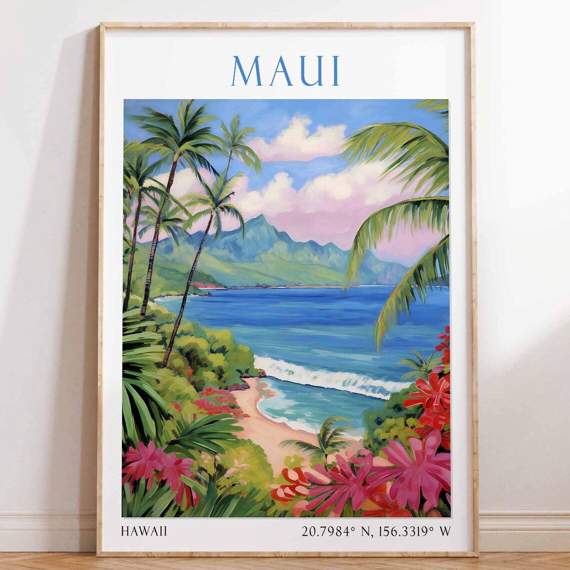 Maui Hawaii Tropical Palm Beach Surf Volcano Mountain Travel Poster